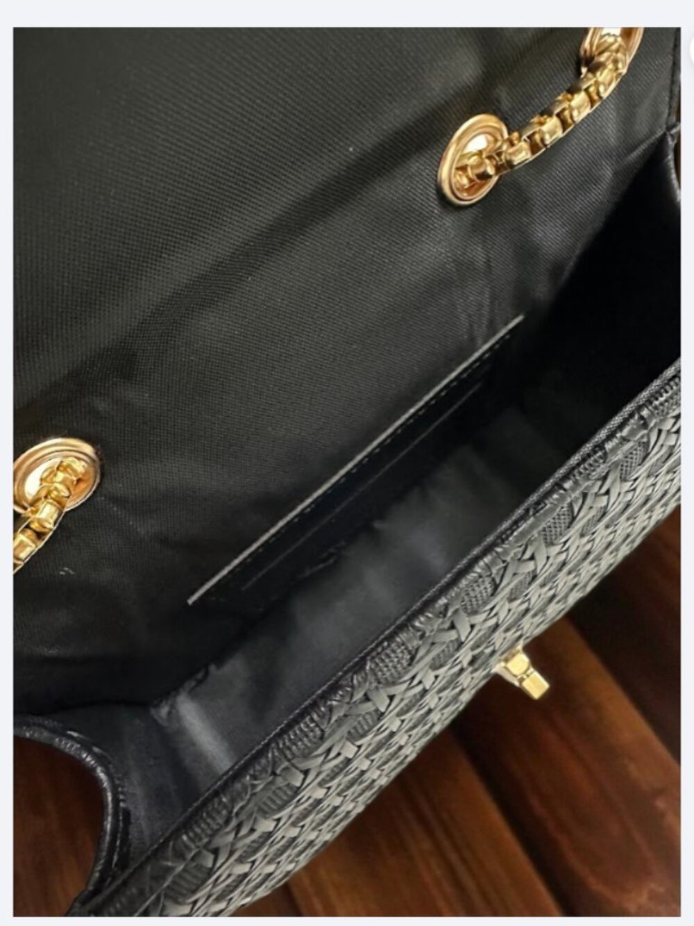 Black Woven Chain Shoulder Bag Gold Hardware Faux Leather Crossbody Purse - Picture 6 of 7